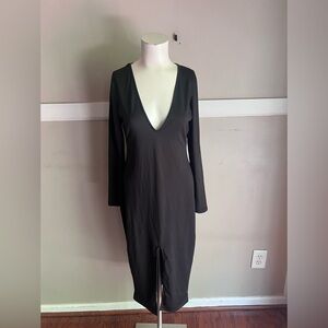 OASAP Black Long Sleeve Plunge Midi Dress